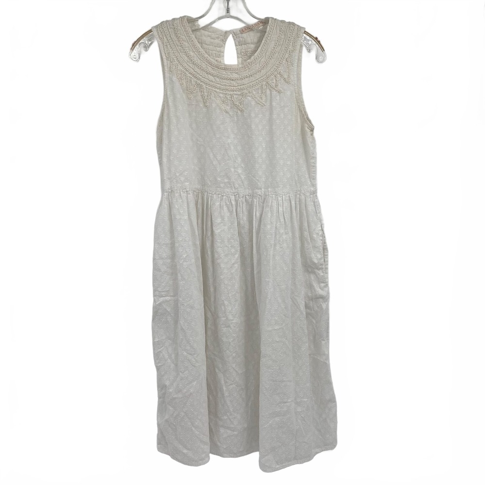 Banjanan White Cotton Midi Dress | Women’s Size M, Embroidered Detail